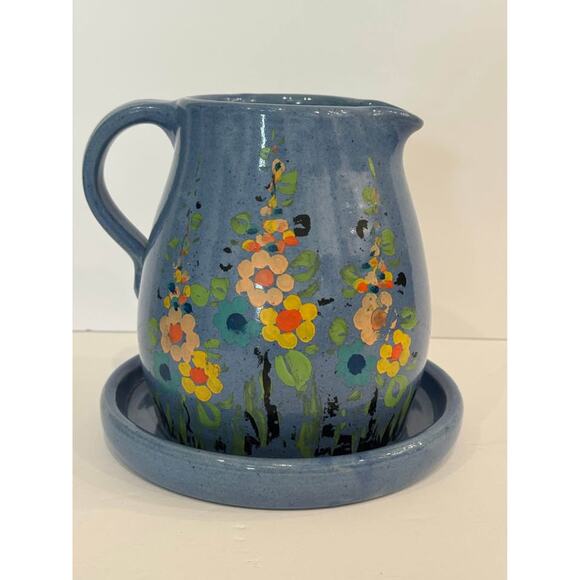 Vintage Handmade Pottery Pitcher Vase with Tray Painted Flowers - Picture 1 of 10